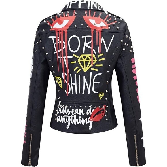 🆕 Women Black Trendy Faux Leather Jacket Rivet Spring Winter Fashion Clothes - Picture 4 of 6